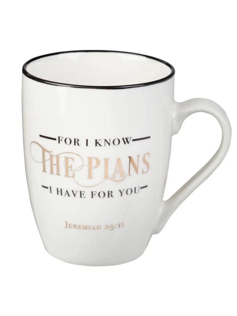 White Ceramic Inspirational Mug with Gold Script and Black Rim